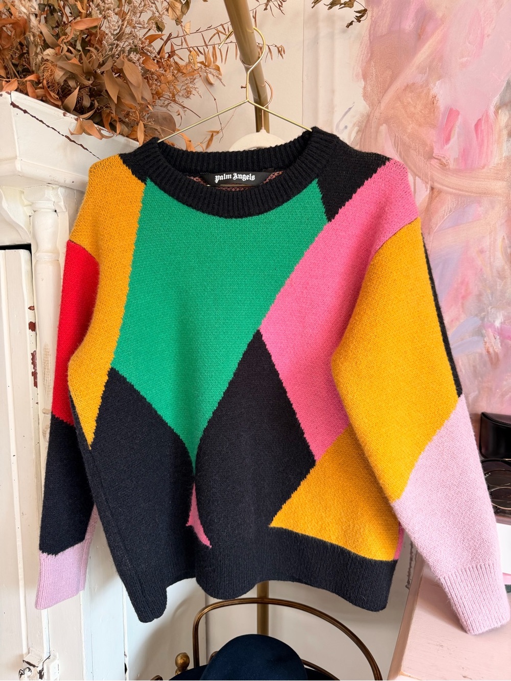 Palm Angels Colorblock Geometric Crewneck Sweater - Black/Multi